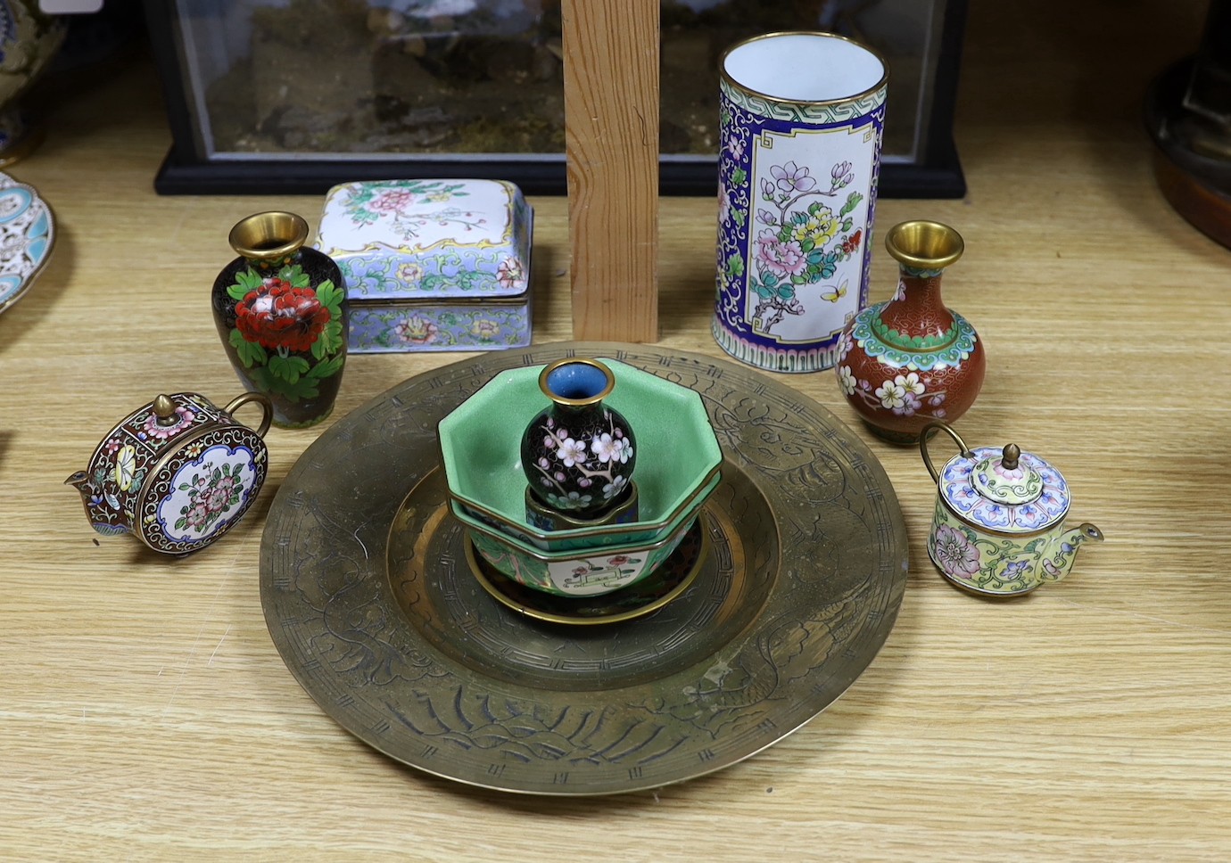 A group of Chinese cloisonné enamel and Guangzhou enamel vases, bowls and miniature tea pots together with a bronze dish, 27.5cm